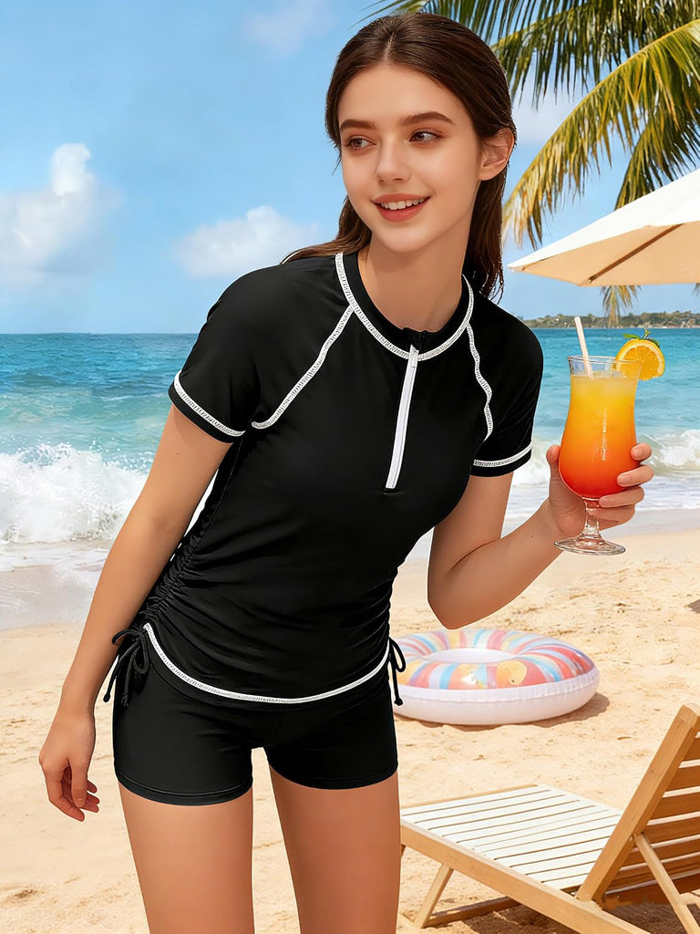 Girls Swimsuit Rash Guard Bathing Suit for Girls 2 Piece Short Sleeve Solid Color UPF 50+ Padded Zip Swimwear