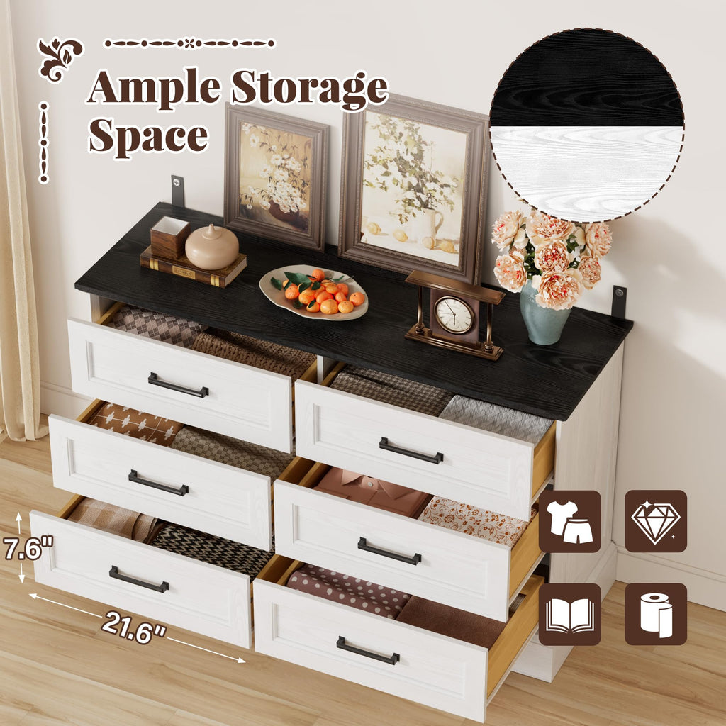 Farmhouse Dresser, 6 Drawers Dresser, White & Black