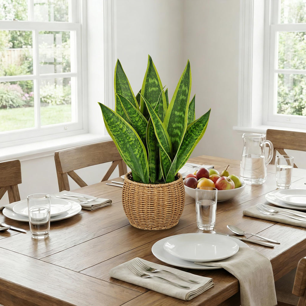 Artificial Snake Plant in Woven Basket 17" Faux Sansevieria Trifasciata Plants Fake Snake Plants Potted Room Indoor