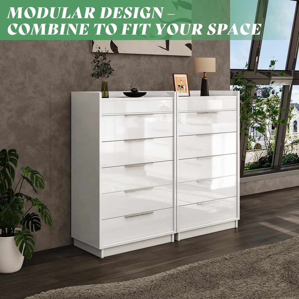 50.2" H 5-Drawer Dresser with Glass Top, High Gloss, White