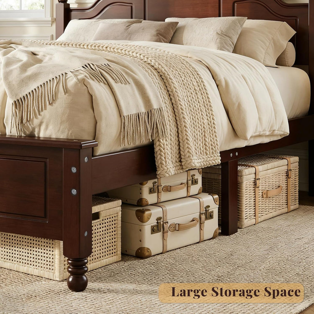 Vintage Queen Wood Bed Frame, Traditional Solid Wood Platform Bed with Retro Style Headboard, Traditional Town Style