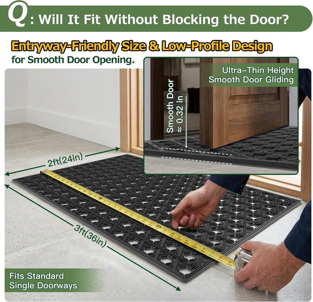 Front Door Mat Outside Entrance 24x36, Heavy Duty TPE Rubber Doormat with Drainage, Non Slip Low Profile Dirt Trapper