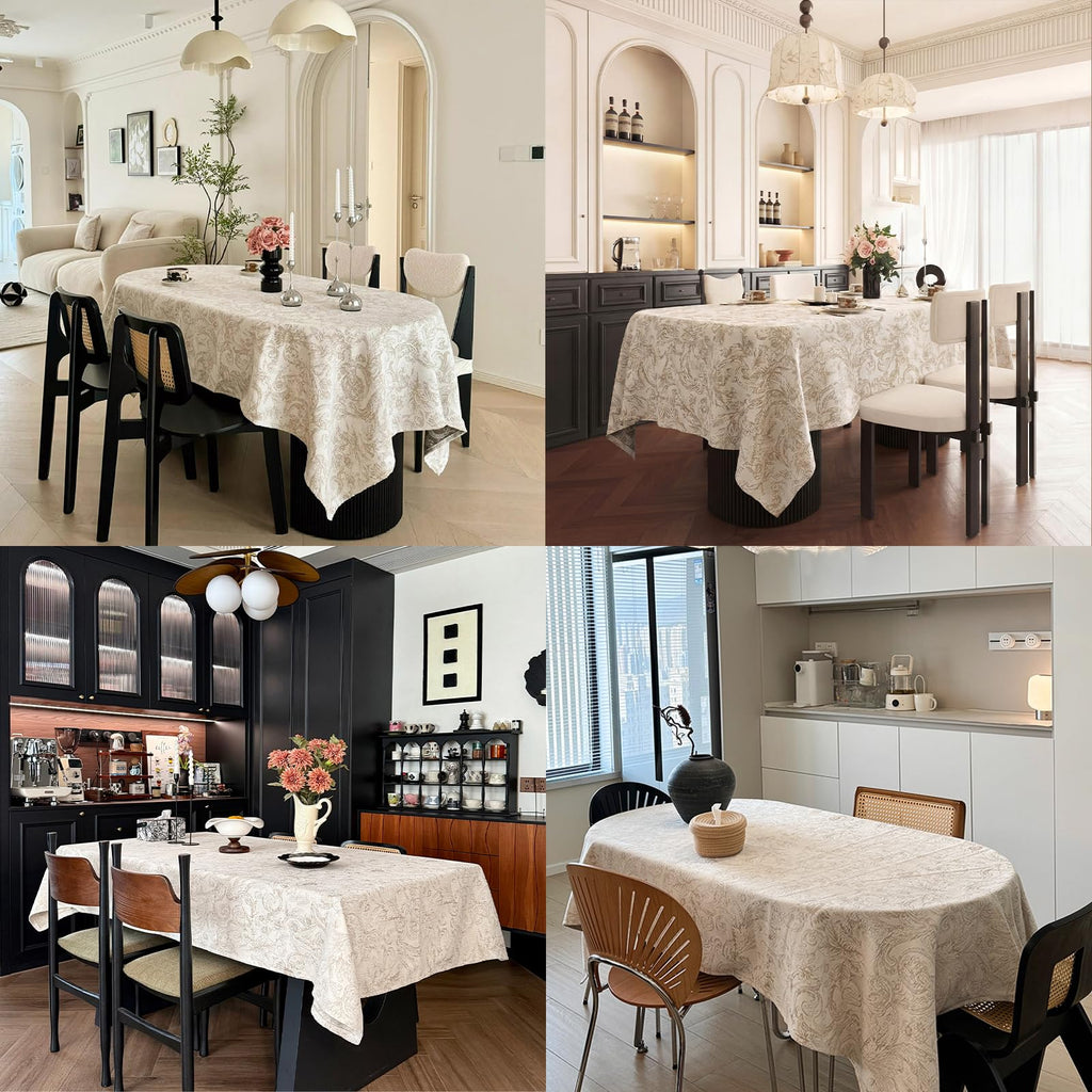 Rectangular Beige Tablecloth 60x108 Inch, Cotton Polyester Thick Washable Fabric Table Cloth, Jacquard Modern