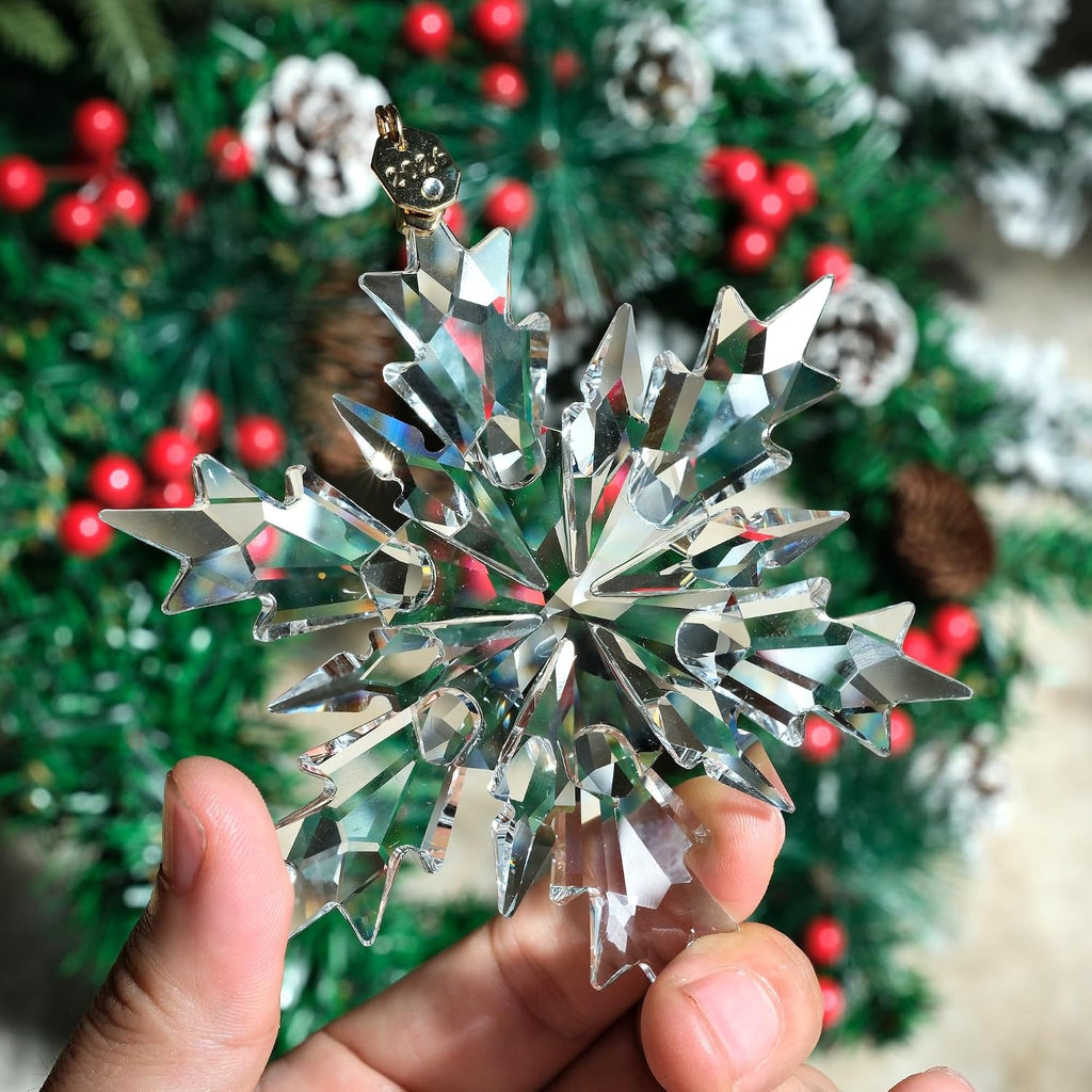 2026 Annual Christmas Ornaments Crystal Snowflake Star Clear White Faceted Crystal with Tone Metal Accents and Rayon