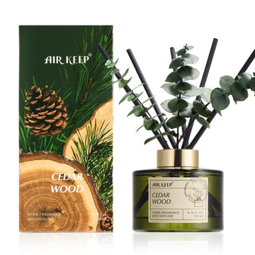 Reed Diffuser Set with 6.76 fl oz Cedar Wood Scent Essential Oils and 3 Leaves & 8 Diffuser Sticks, Bathroom Shelf