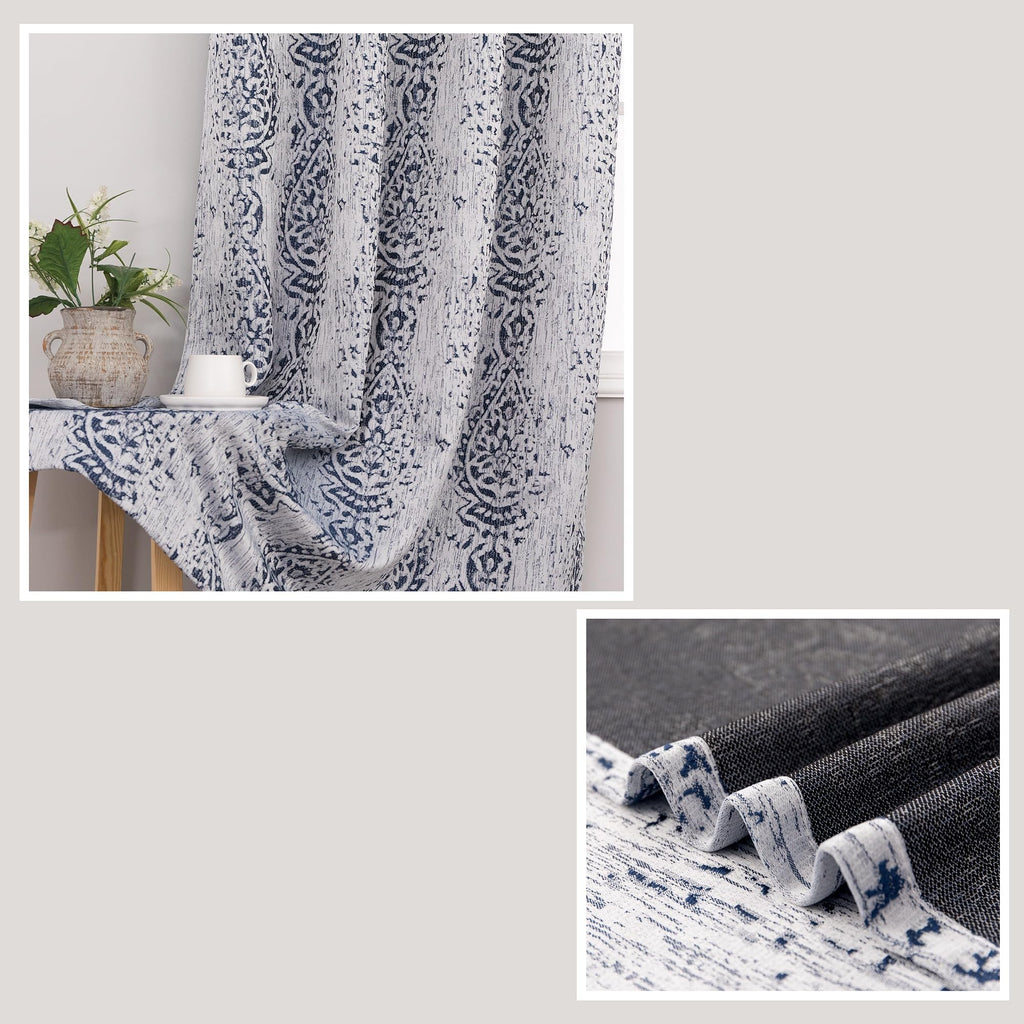 84 Inch Length Navy Blue Pattern Curtains 2 Panel Set Grommet Damask Medallion Print Textured Grey Cream White