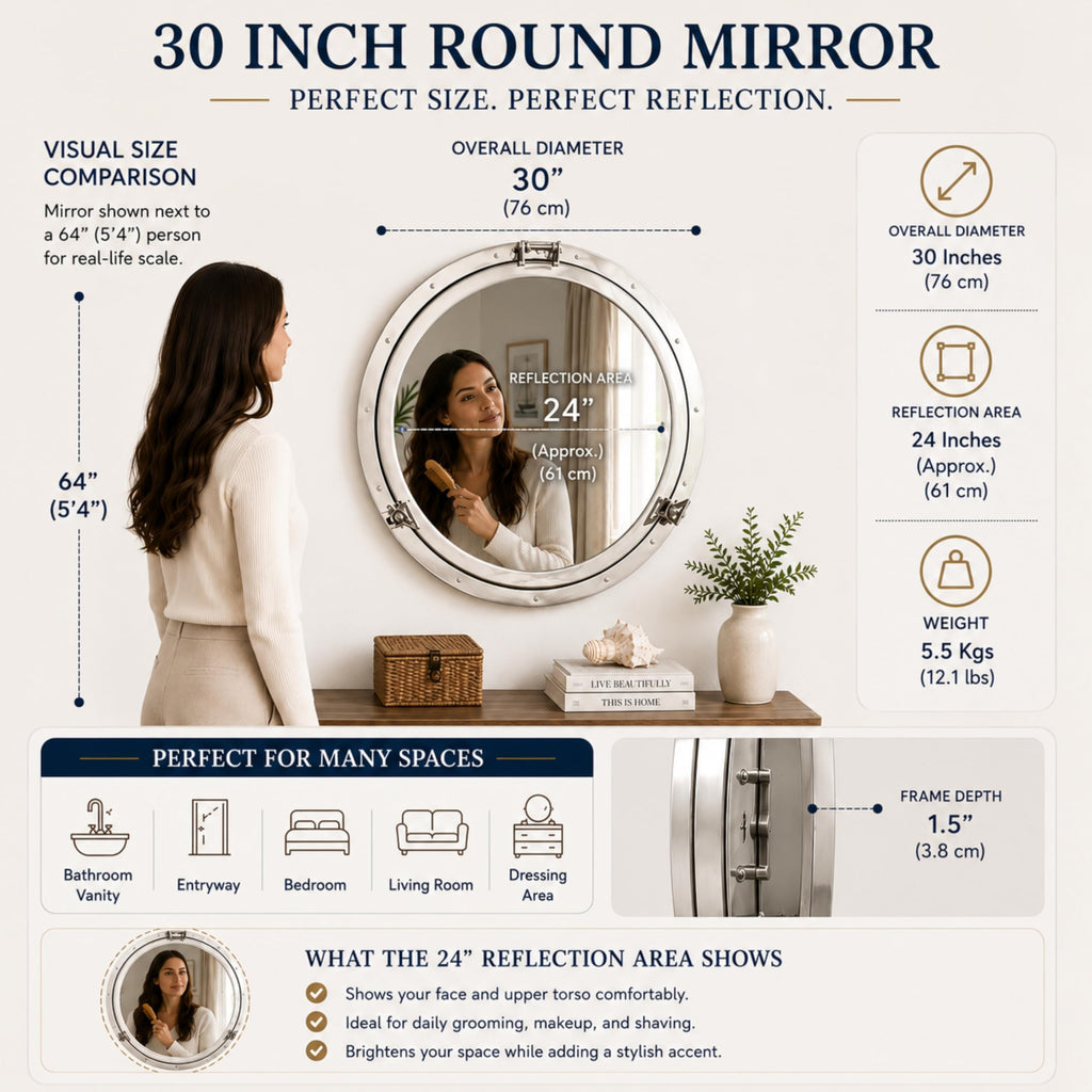 Metal Crafted Nickel Plated Aluminum Porthole Bathroom Decor Mirror (30 Inches)