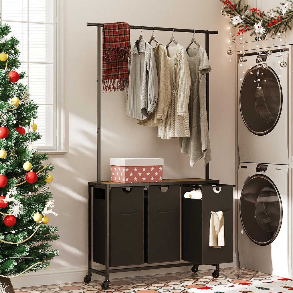Laundry Sorter 3 Section, Rolling Laundry Hamper with Hanging Rack, Laundry Sorter with Wheels, Hampers for Laundry