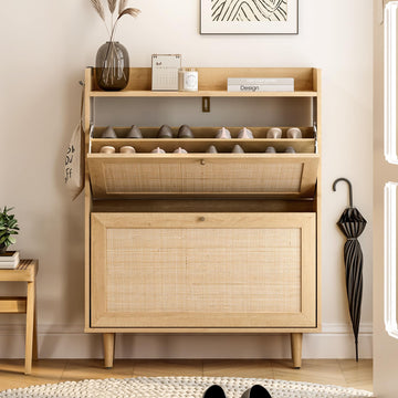 Rattan Shoe Cabinet with 2 Flip Drawers, Mid Century Modern Shoe Organizer, Boho Wooden Hidden Slim Narrow Shoe Rack