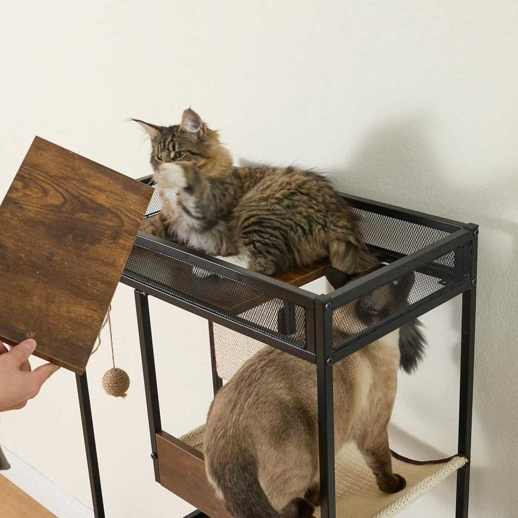 Cat Litter Box Enclosure Furniture with Cat Tree Tower, Kitty Litter Box Hidden Cabinet with Shelves Scratching Pad