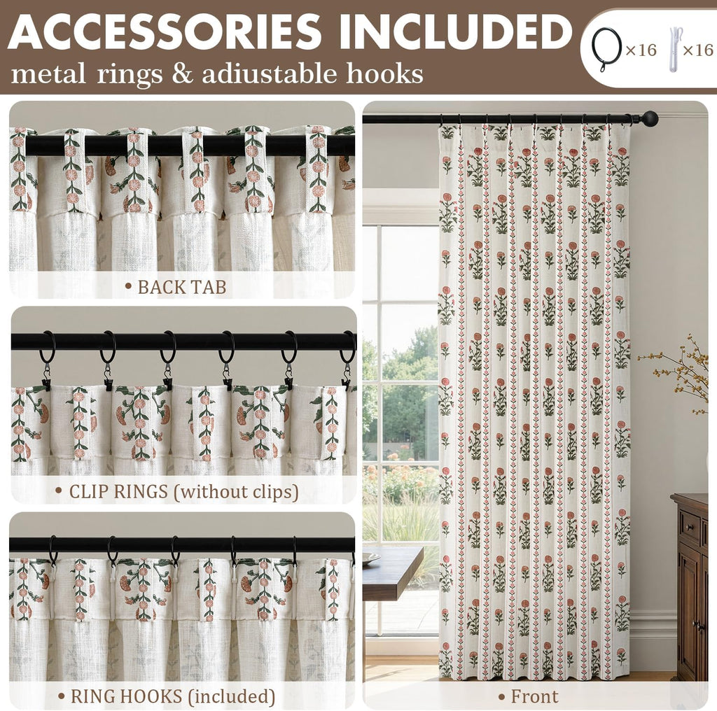 Floral Pinch Pleated Linen Curtains for Living Room Bedroom Dining Room Farmhouse, Light Filtering Memory Trained