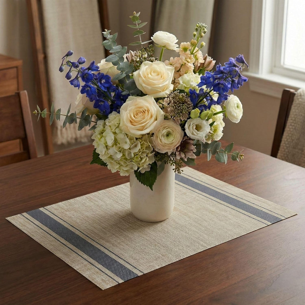 French Countryside 16 x 12 Inch Dining Table Placemats Heat-Tolerant Kitchen Table Mats - Navy Stripe No - Set of 6