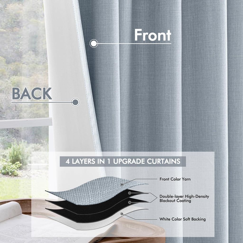 100% Blackout Curtains 84 Inch Long 2 Panels Set, Thick Faux Linen Black Out Curtain Room Darkening Back Tab Pleat
