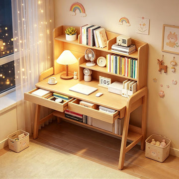 Wooden Childrens Study Desk, Kids Desk with Bookshelf&Two Drawers, 3 Heights Adjustable Children Writing Table