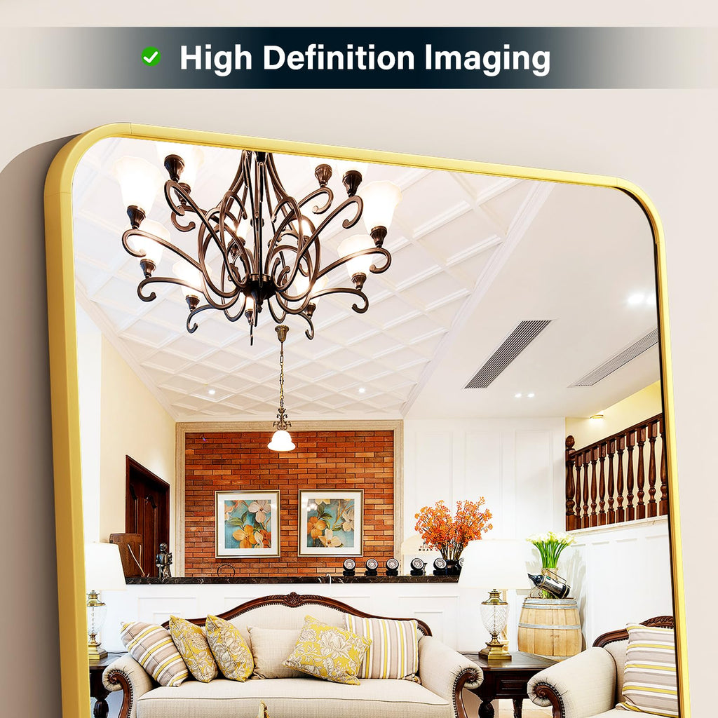 Full Length Mirror 23"x66", Large Floor Mirror with Rectangle Rounded Corners, Gold Aluminum Alloy Frame, Wall Mirror