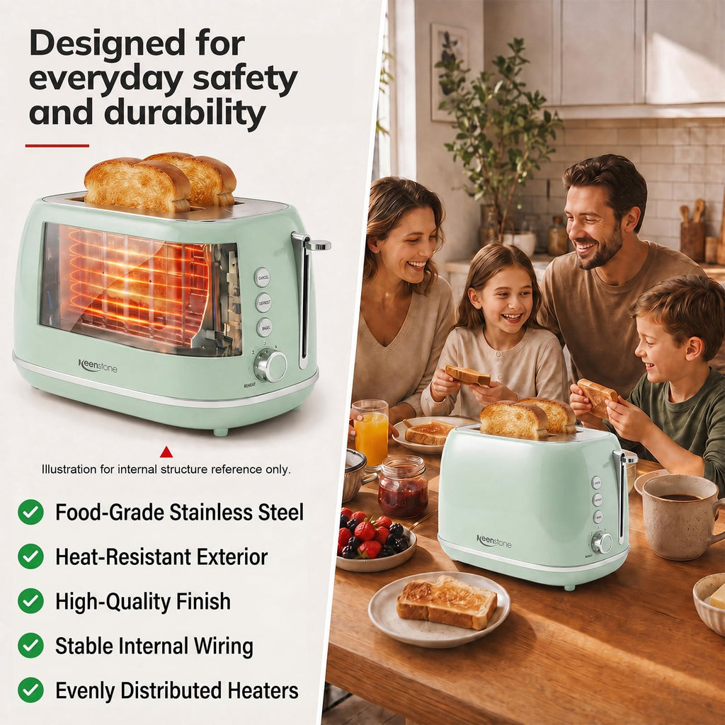 2 Slice Stainless Steel Toaster Retro with 6 Bread Shade Settings, Bagel, Cancel, Defrost Function, Extra Wide Slot