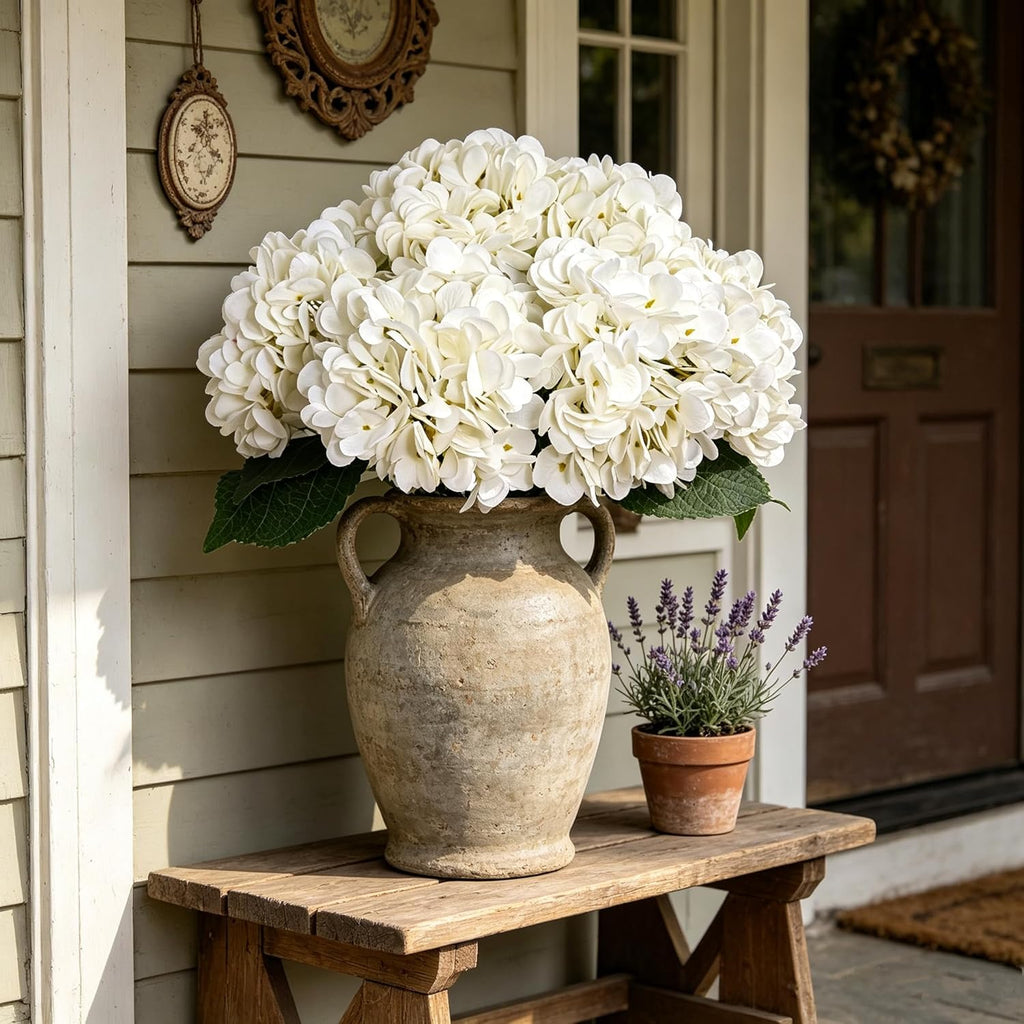 White Hydrangea Artificial Flowers Silk Fake Hydrangeas - Set of 6