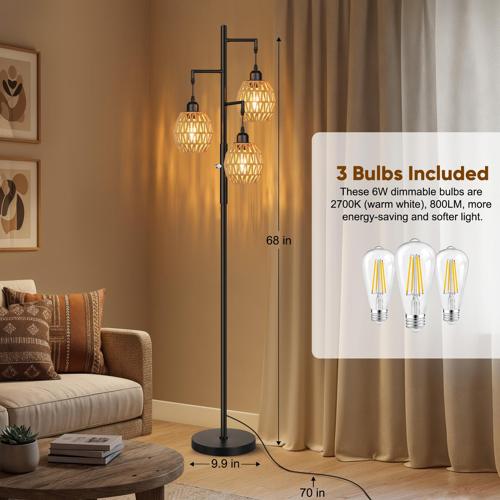 Dimmable Boho Floor Lamp - 3 Light Farmhouse Rattan Floor Lamps, Tree Floor Lamps with Bohemian lampshades, Rustic