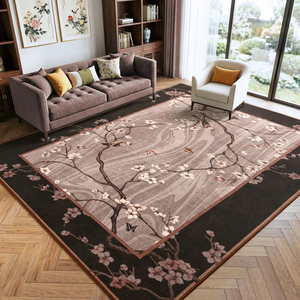 Brown Oriental Flower Bird Butterfly Print Floor Rug