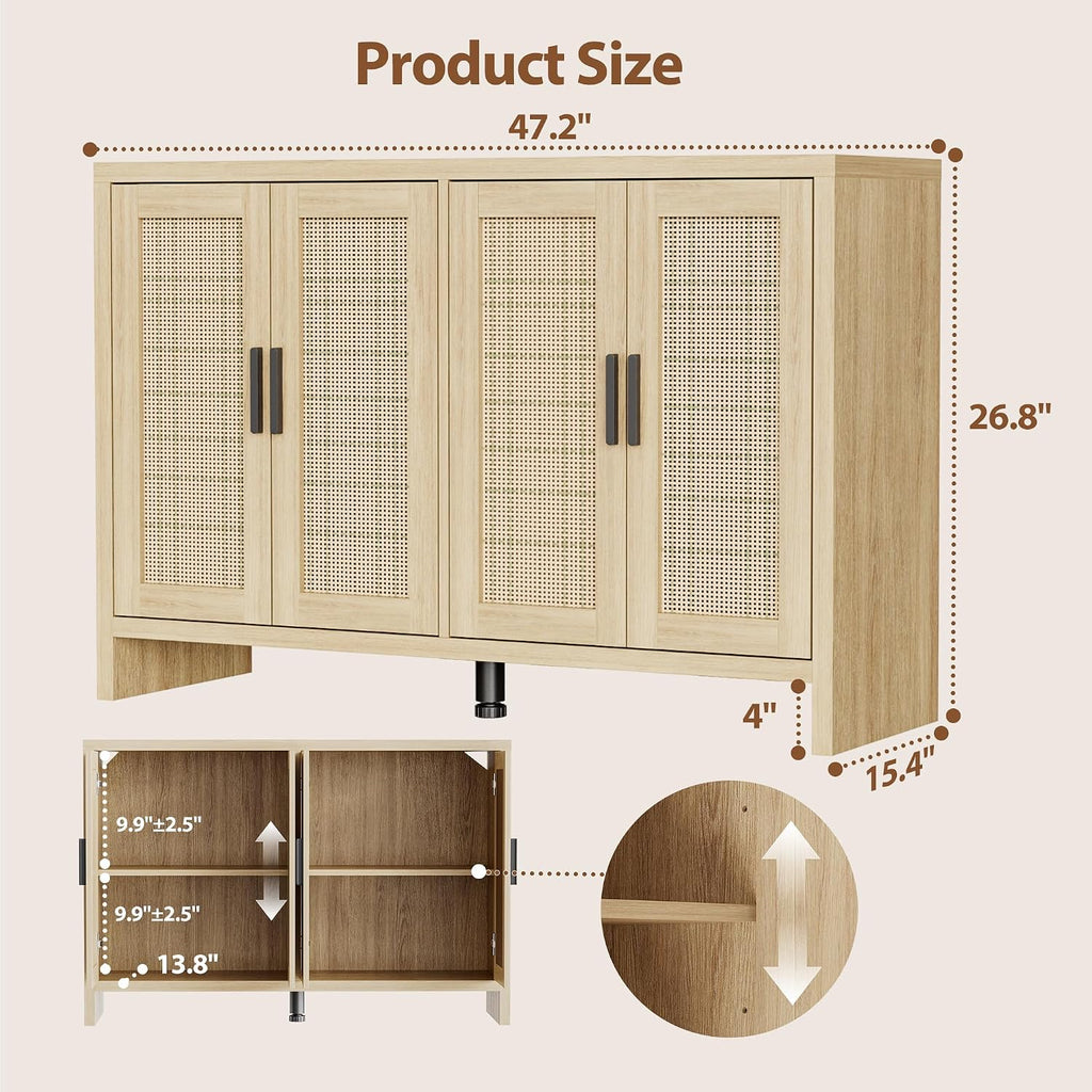 Rattan Buffet Cabinet with Storage, Sideboard with Doors, Console Table, Farmhouse Coffee Bar, Modern Wood Long