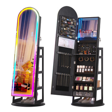 Mirror Jewelry Cabinet Standing with RGB Lights & Storage Shelves