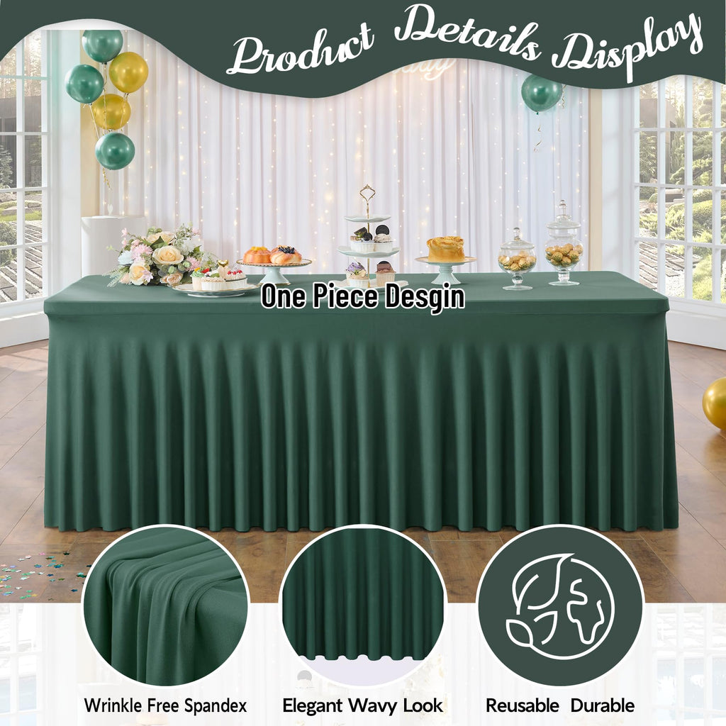Hunter Green Spandex Table Clothes for 8 Foot Rectangle Tables, 2 Pack Wrinkle Free Rectangle Table Cloth 8ft Stretch