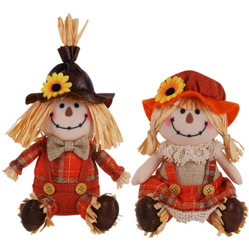 2 Pack Fall Tabletop Decorations Scarecrows, Thanksgiving Harvest Handmade Scarecrow, Autumn Shelf Sitters Figurine
