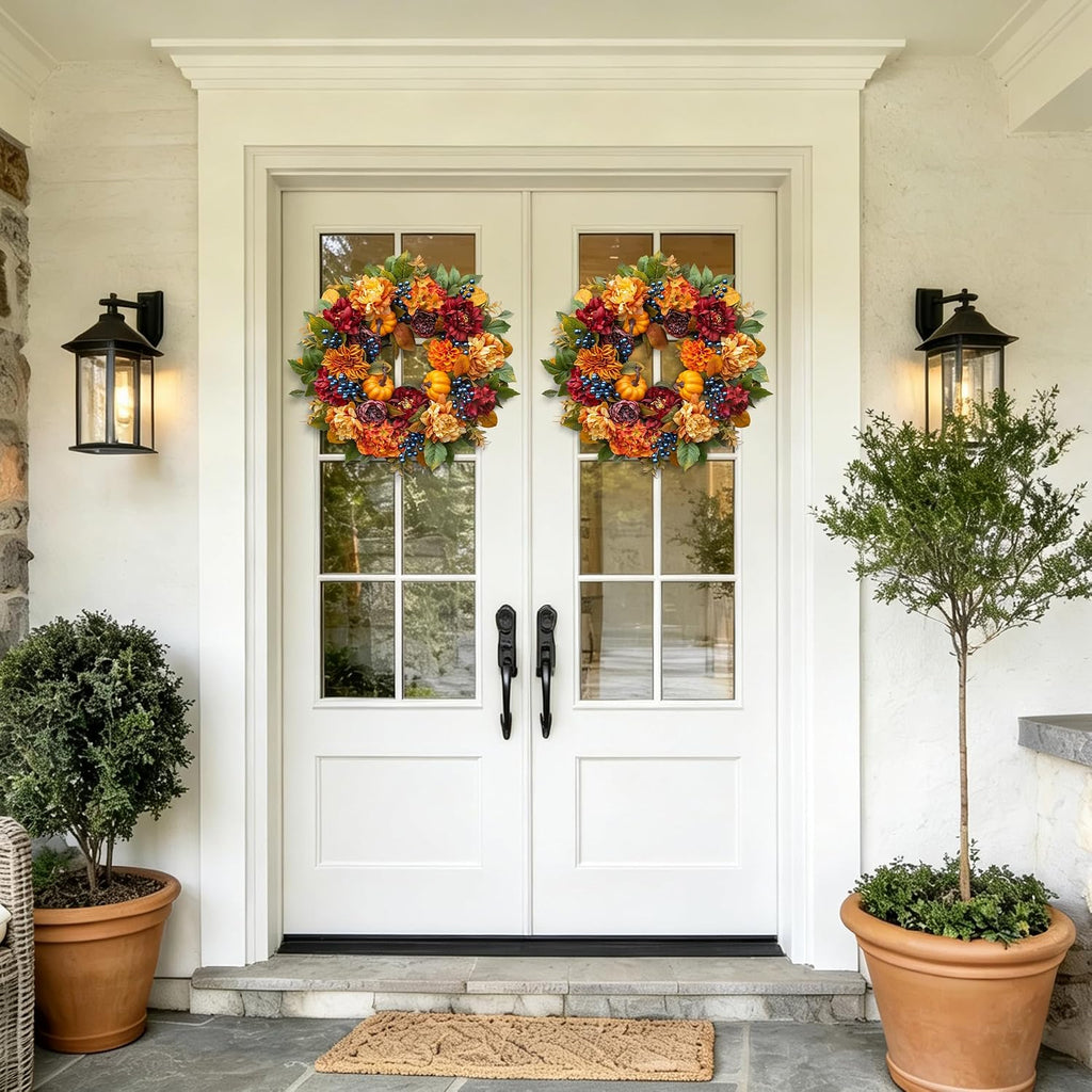 24 Inch Artificial Fall Wreaths for Front Door with Hydrangea Peony Pumpkin