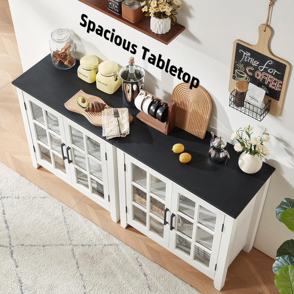 Large Sideboard Buffet Cabinet with Storage, 32" Farmhouse White Kitchen Coffee Wine Bar Cabinet with 4 Glass Doors
