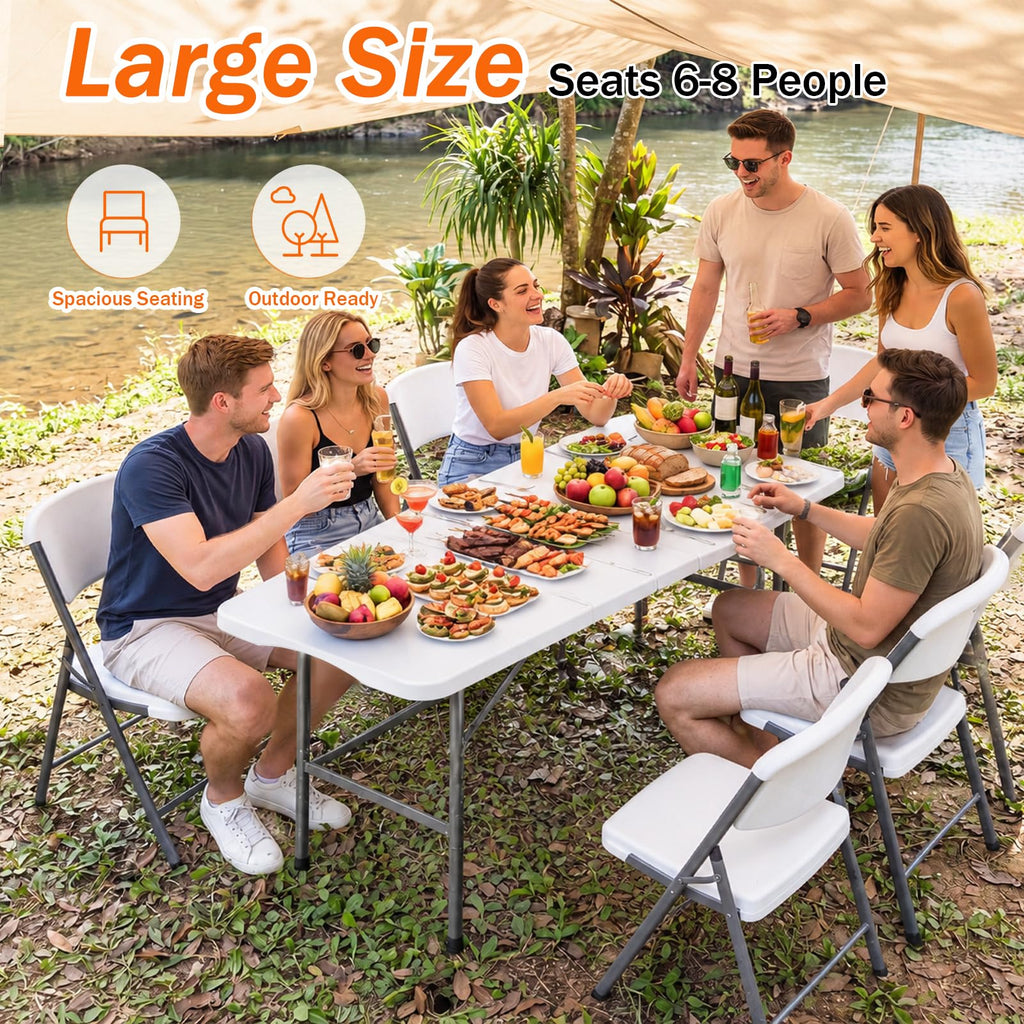 4FT Portable Folding Table, White Square Card Table with Carrying Handle & No Assembly, Slim Folding Table Built in