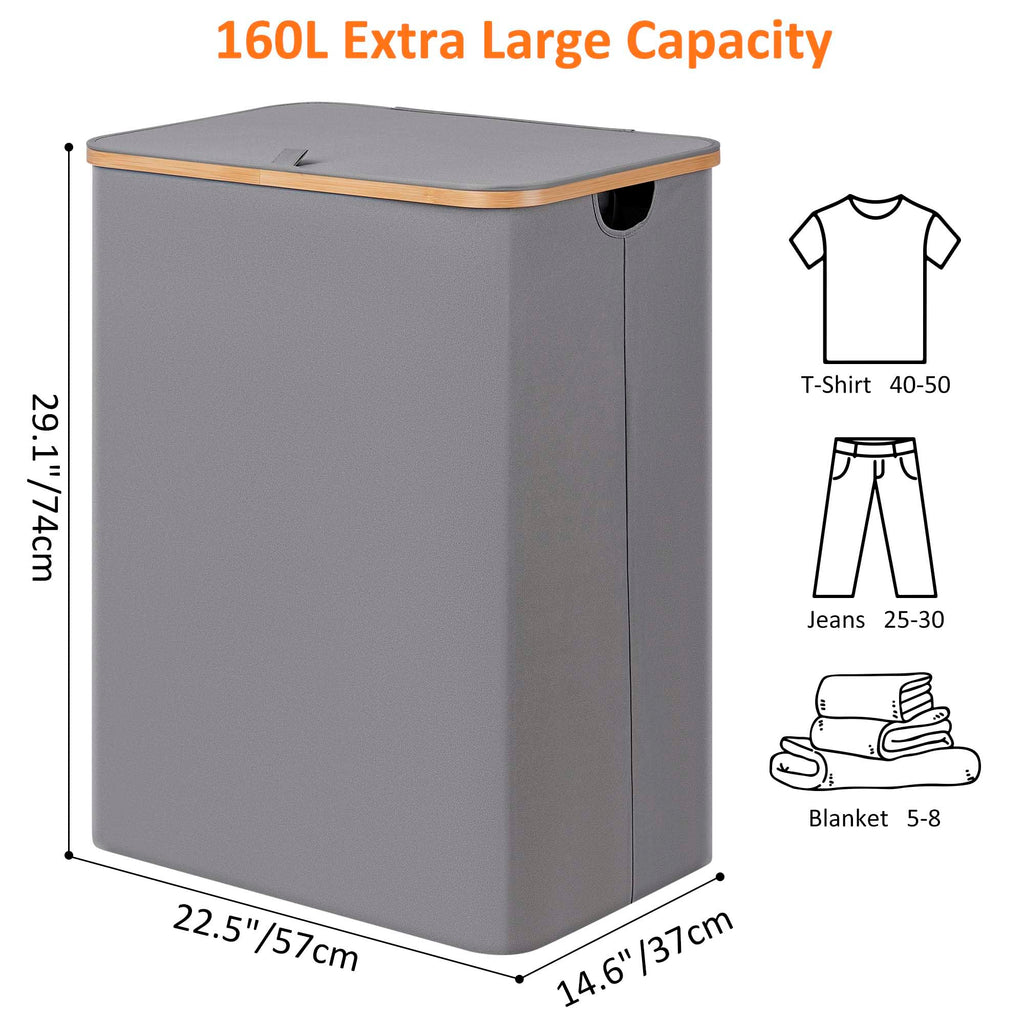 Laundry Hamper 3 Section with lid and 3 Removable Bags, Silver Grey
