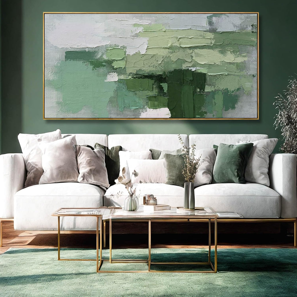 Light Green Abstract Wall Picture, Large Framed Canvas Artwork with Wooden Frame, Contemporary Textured