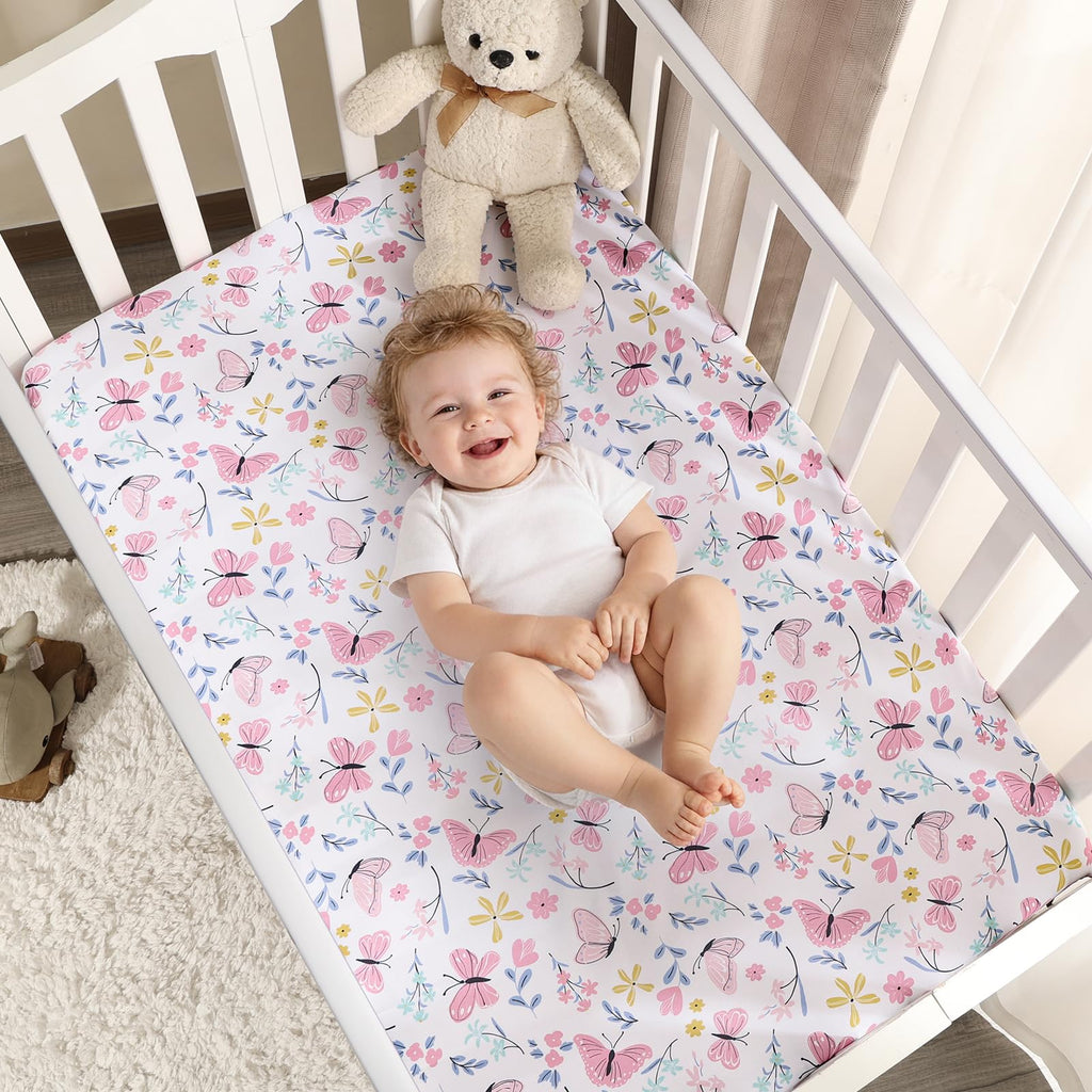 3 Pack Soft Mini Crib Sheets, Butterfly Pack N Play Sheets for Baby Girls, No Slip Universal Fit for Pack N Play