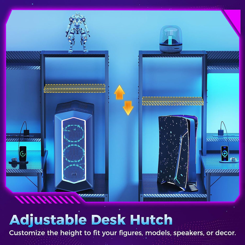 55 Inch Gaming Desk with Hutch & LED Lights & PC Tower Stand | Reversible PC Desk with 3 Fabric Drawers & Power