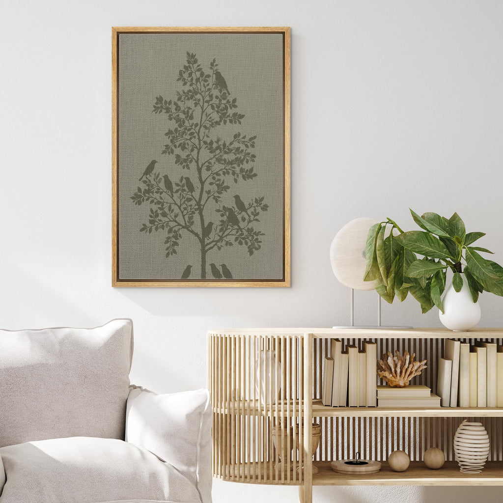 Framed Canvas Print Wall Art Birds On Tree Linen Texture Silhouette Illustrations Fine Art Mid-Century - 16"x24"