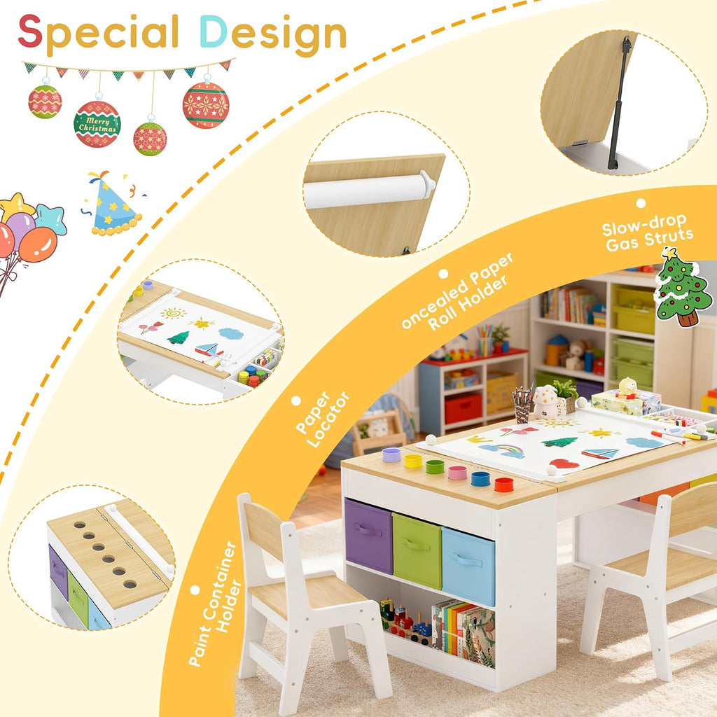 Kids Art Table and 2 Chairs Set, Wooden Craft Desk with 2 Storage Shelves, 6 Storage Bins & Paper Roll for Drawing