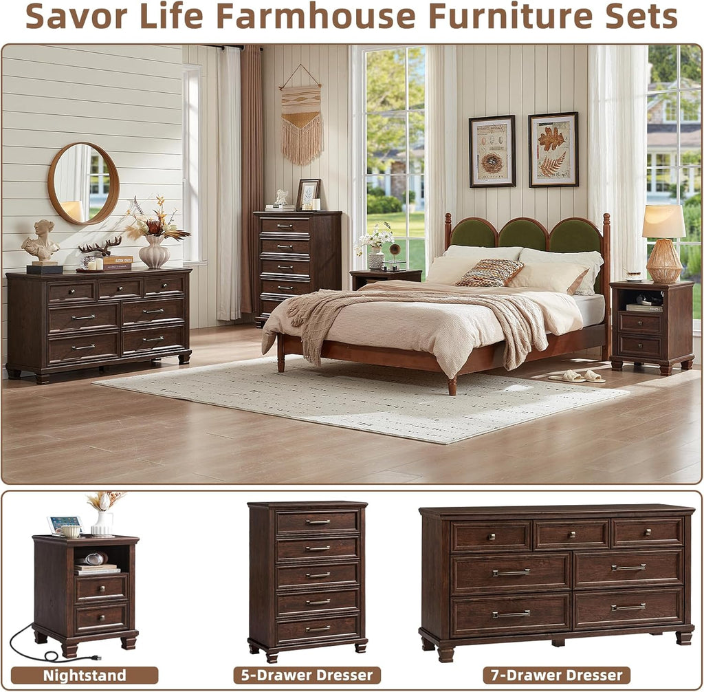 Farmhouse 7 Drawer Dresser , Walnut | 54" Wide Horizontal Dressers & Chests of Drawers with Reinforced Top & Square