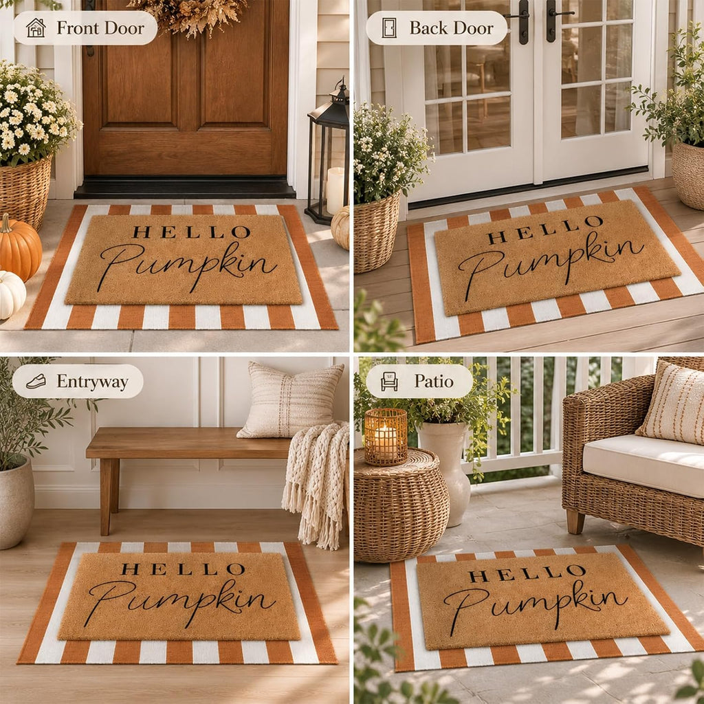 Hello Pumpkin Layered Doormat Set, White Orange - Set of 2