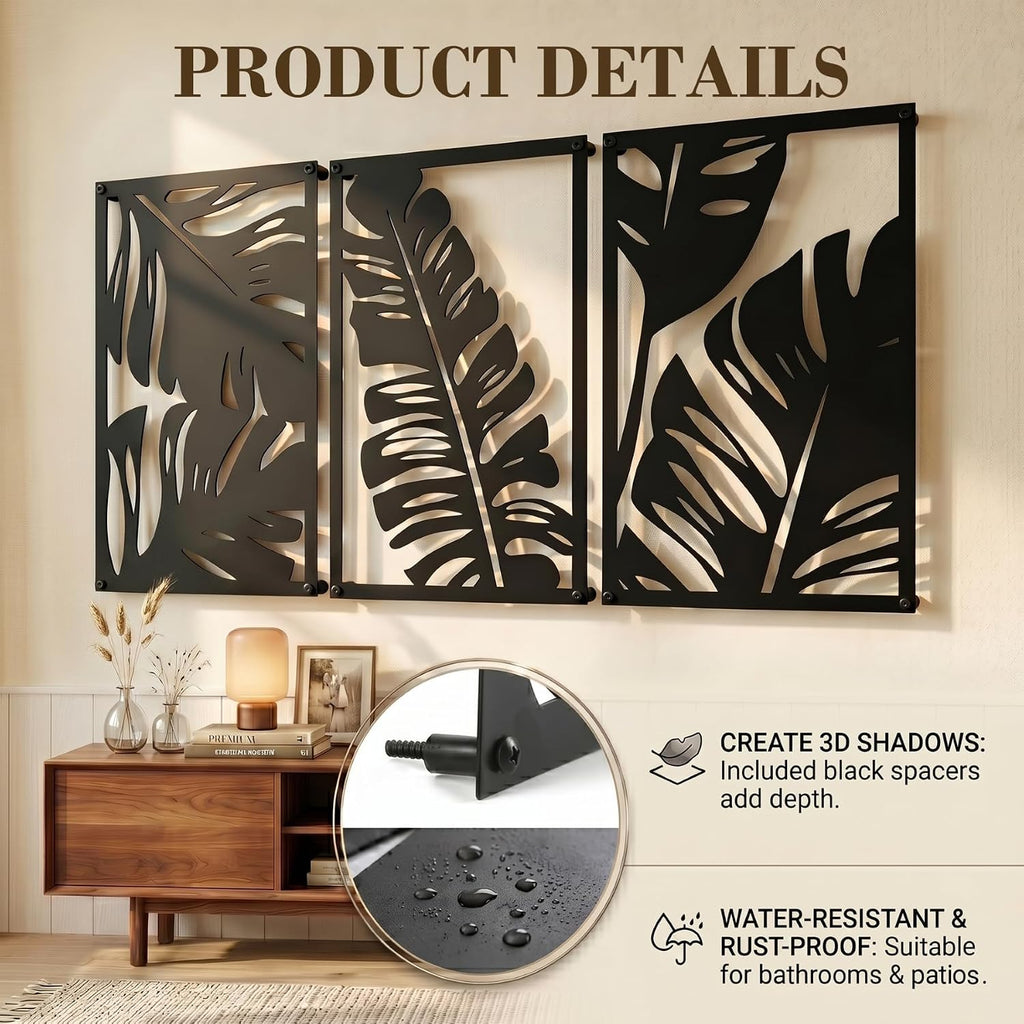 Metal Wall Art, Monstera Leaf Decor - Set of 3