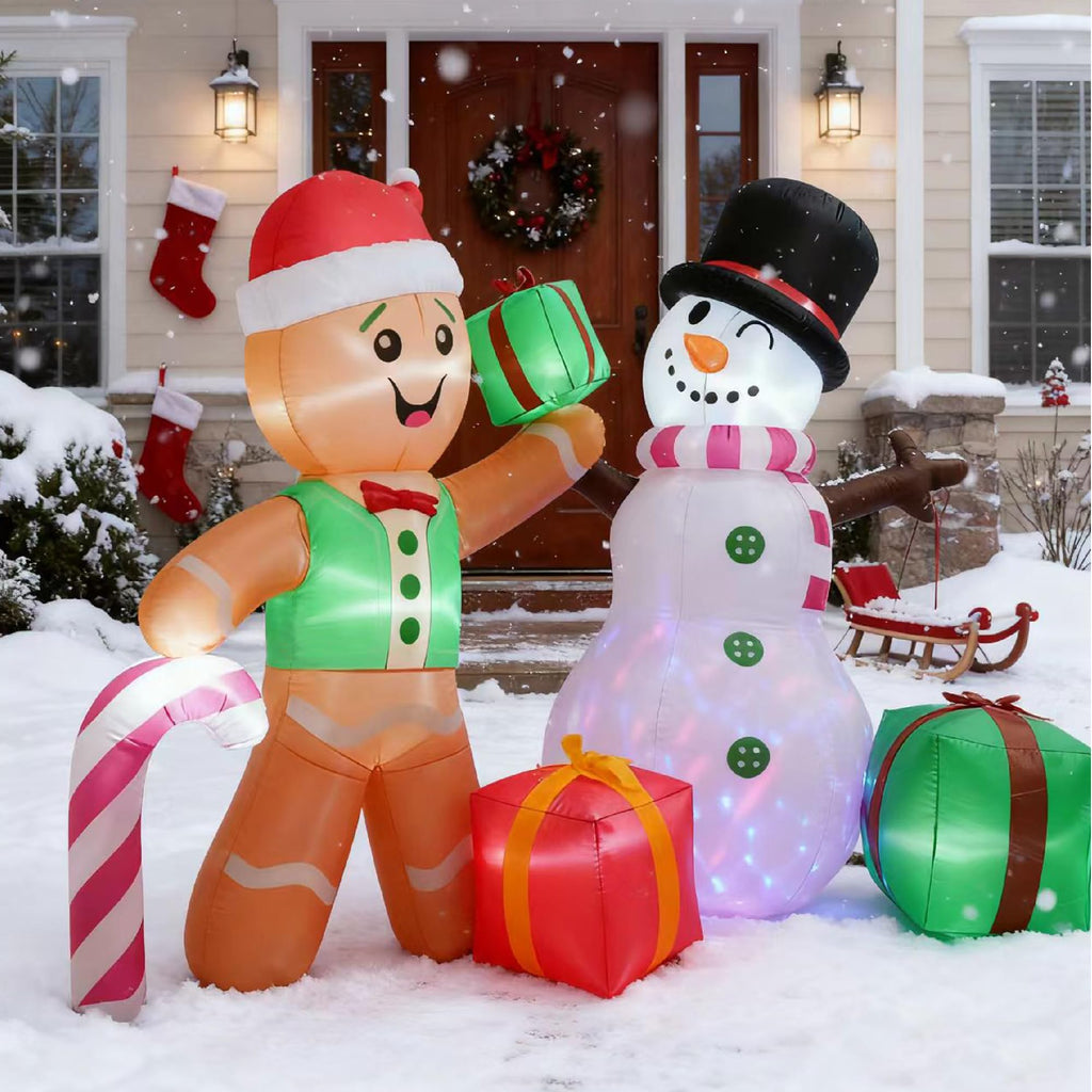 6FT Christmas Inflatable Decoration, Built-in LED Lighting Gingerbread Man Snowman Gift Box, Suitable for Inflatable