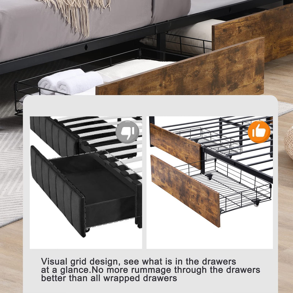 Farmhouse Bed Frame with Storage and 4 Drawers, Rustic Led Bed Frame with Headboard and Charging Station