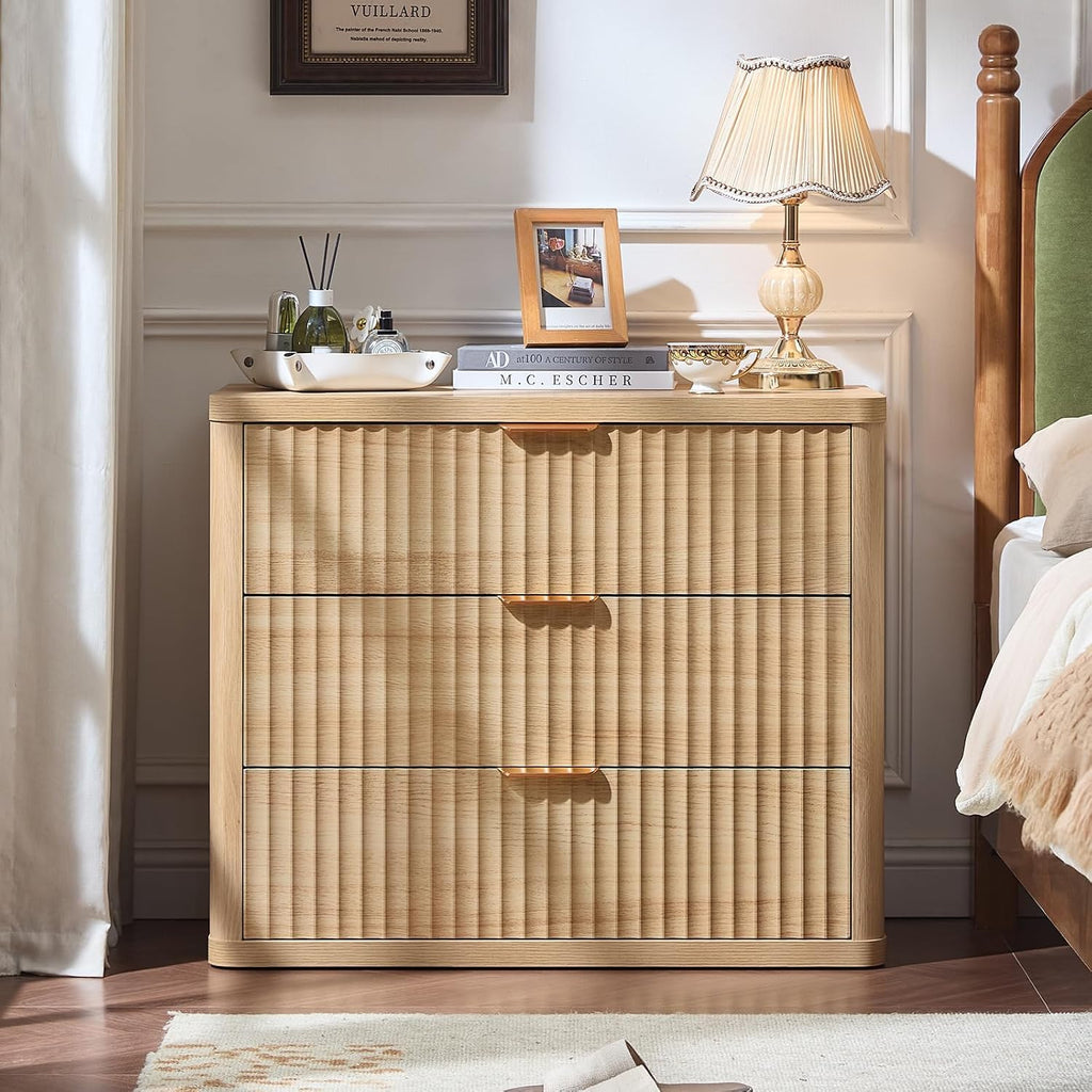31" Wide Fluted Nightstand for Large Spaces, Oversized Extra 3 Drawers Night Stand, Wood Bedside Table, Tall Bed Side