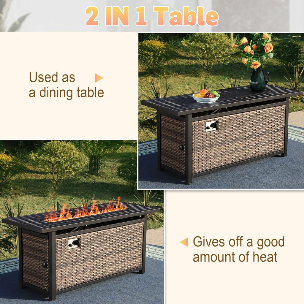 56 Inch Gas Fire Pit Table Outdoor Rattan Propane Fire Table & Fireplace with Fire Glass, Lid, 50,000 BTU Firepits for Outside Patio - Image 4