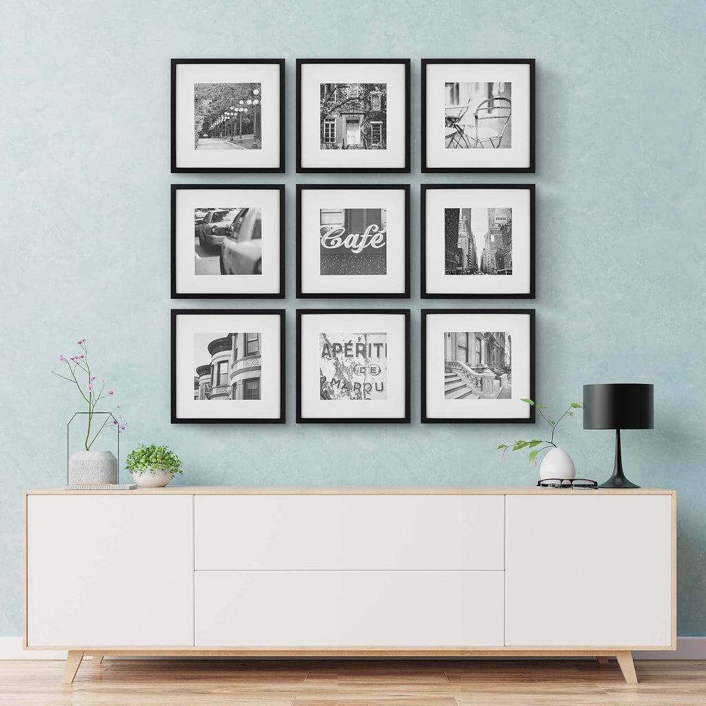 12x12 Picture Frames, 9 Piece Set with Real Glass Cover for 8x8 Photos With Mat, Picture Frames Collage Wall Decor