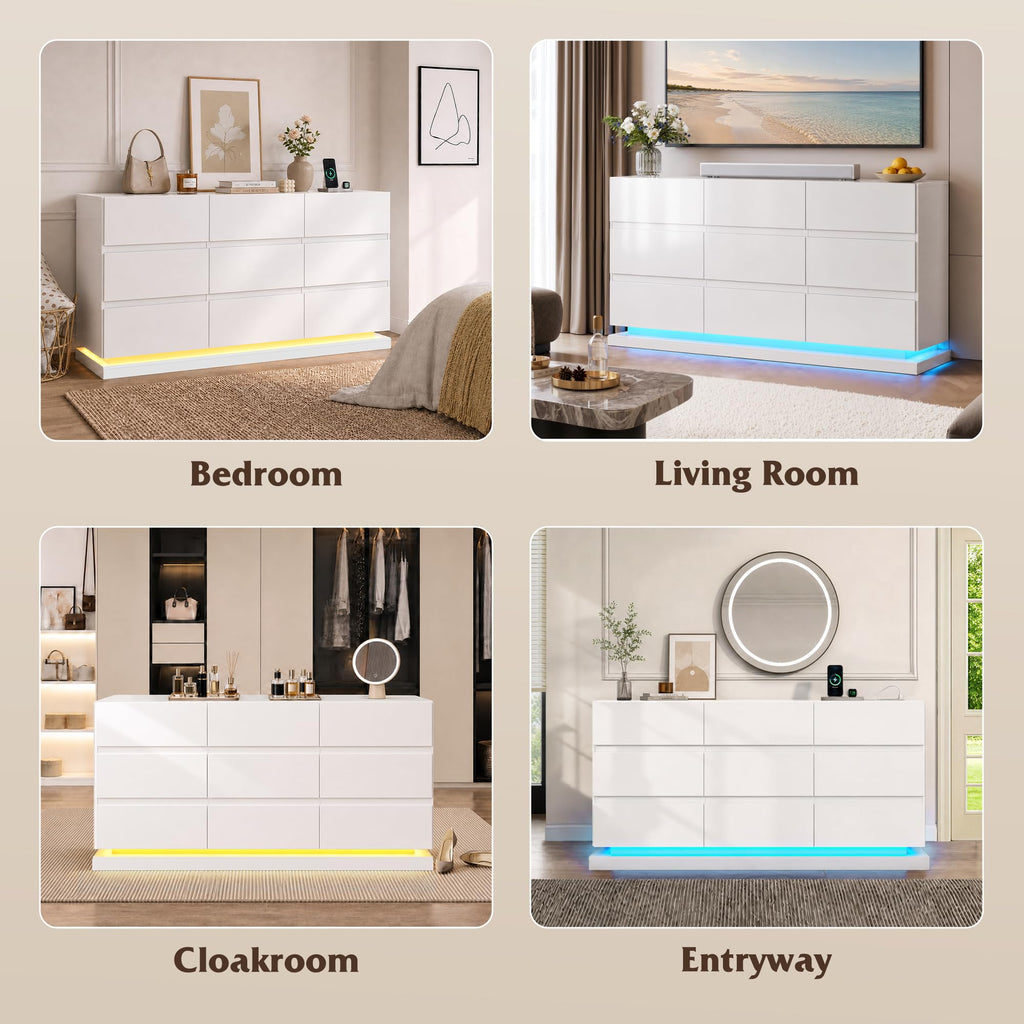 9 Drawer Dresser with LED Light, Dresser with Charging Station