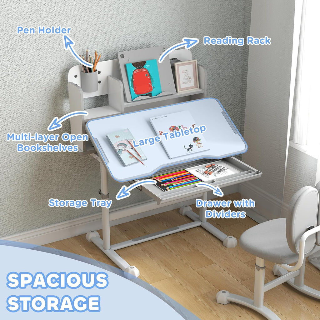 Kids Desk and Chair Set Height Adjustable Tilt Desktop Gray