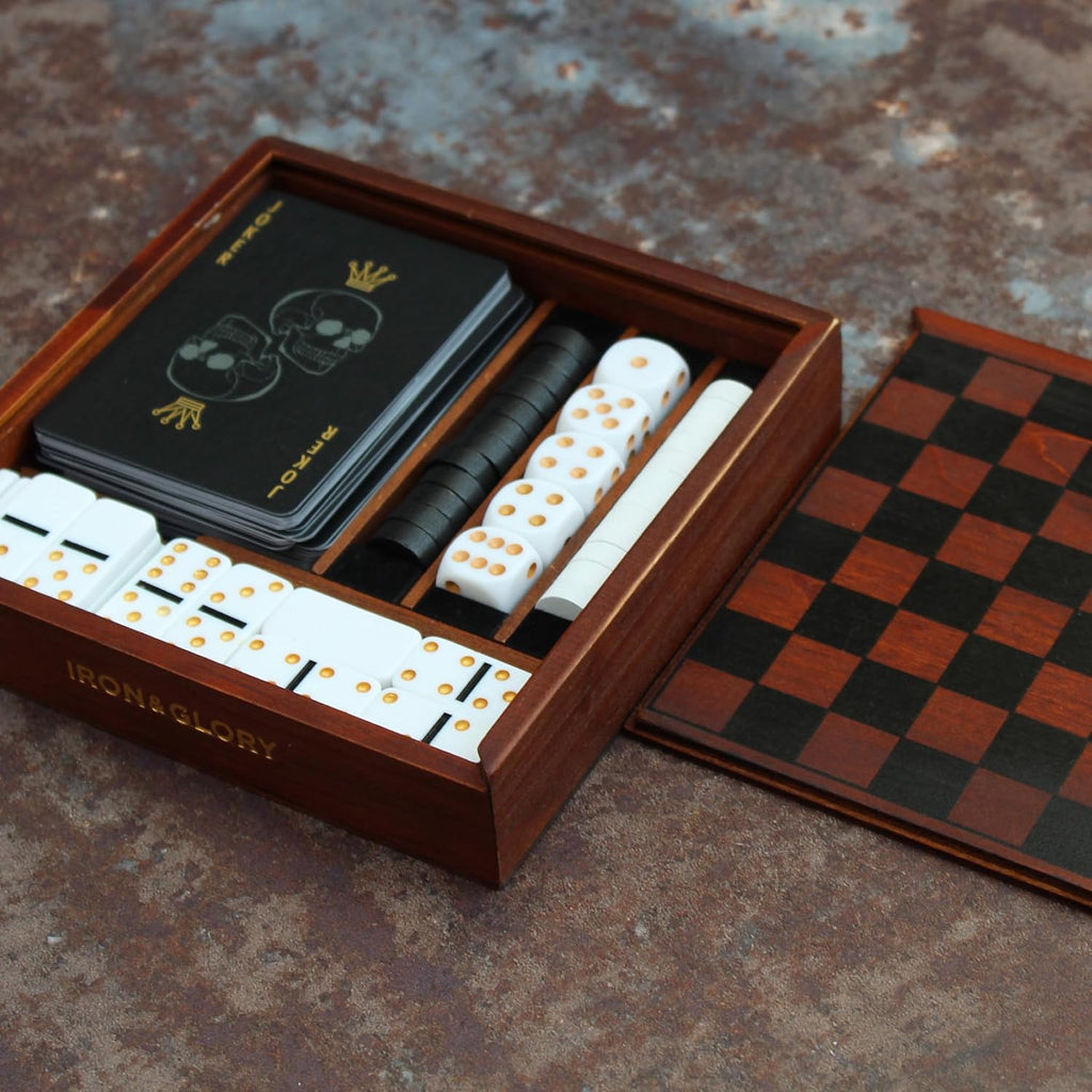 Iron & Glory Games Night | Wooden Games Compendium with Dice Set, Playing Cards, Dominoes Set & Checkers | 4 in 1