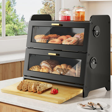 Bread Box - 2 Tier Countertop, Adjustable Ventilation, Black