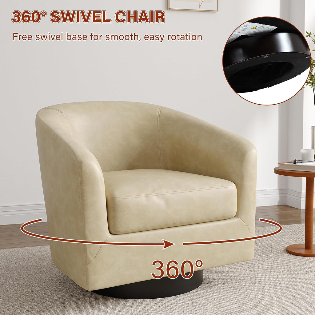 Faux Leather Swivel Accent Barrel Chairs, Round Armchair, Cream - Set of 2