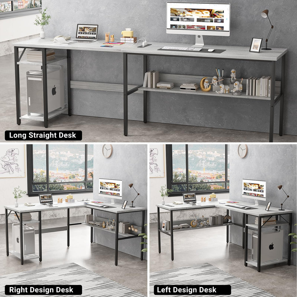 L Shaped Computer Desk with Magic Power Outlets and USB Charging Ports, Sturdy Reversible Corner Desk with Storage